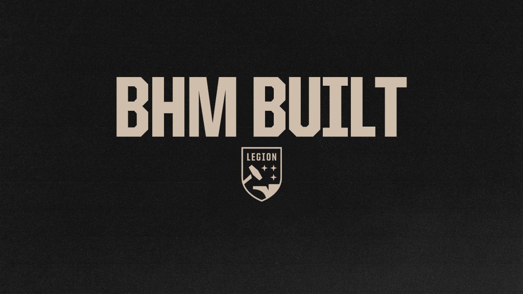 Black header image for the new BHM Built video series by the Birmingham Legion FC, featuring the Legion "Hammer Down" logo