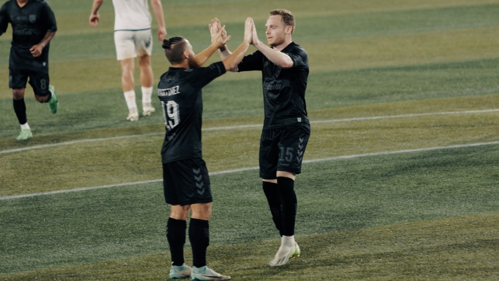 Enzo Martinez and Tyler Pasher celebrate during a win over San Antonio FC in 2024. Both players, along with Phanuel Kavita signed extensions to remain with Legion FC.