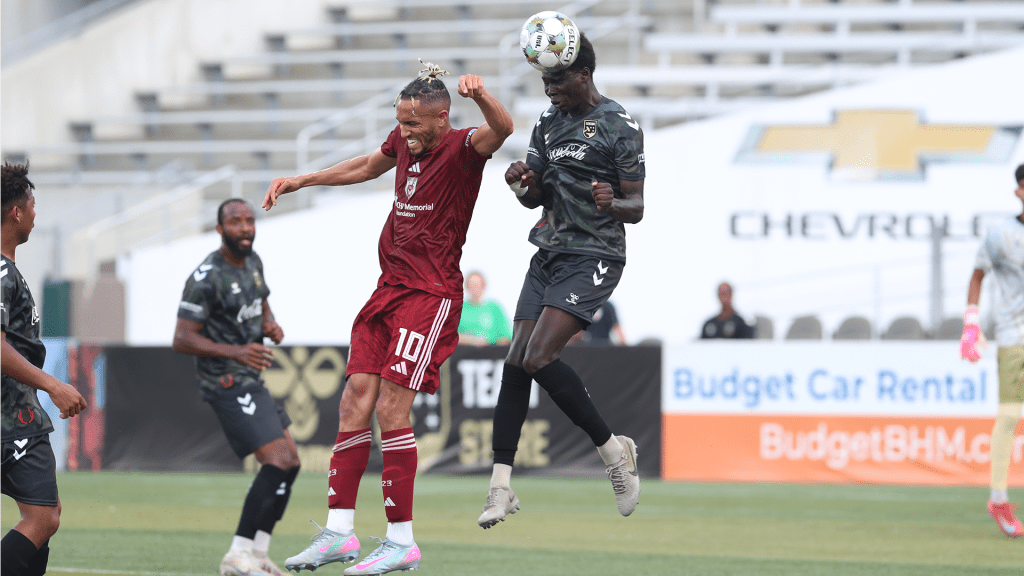 Ramiz Hamouda rises for a header in a 3-1 victory for Birmingham Legion FC against Chattanooga Red Wolves SC.