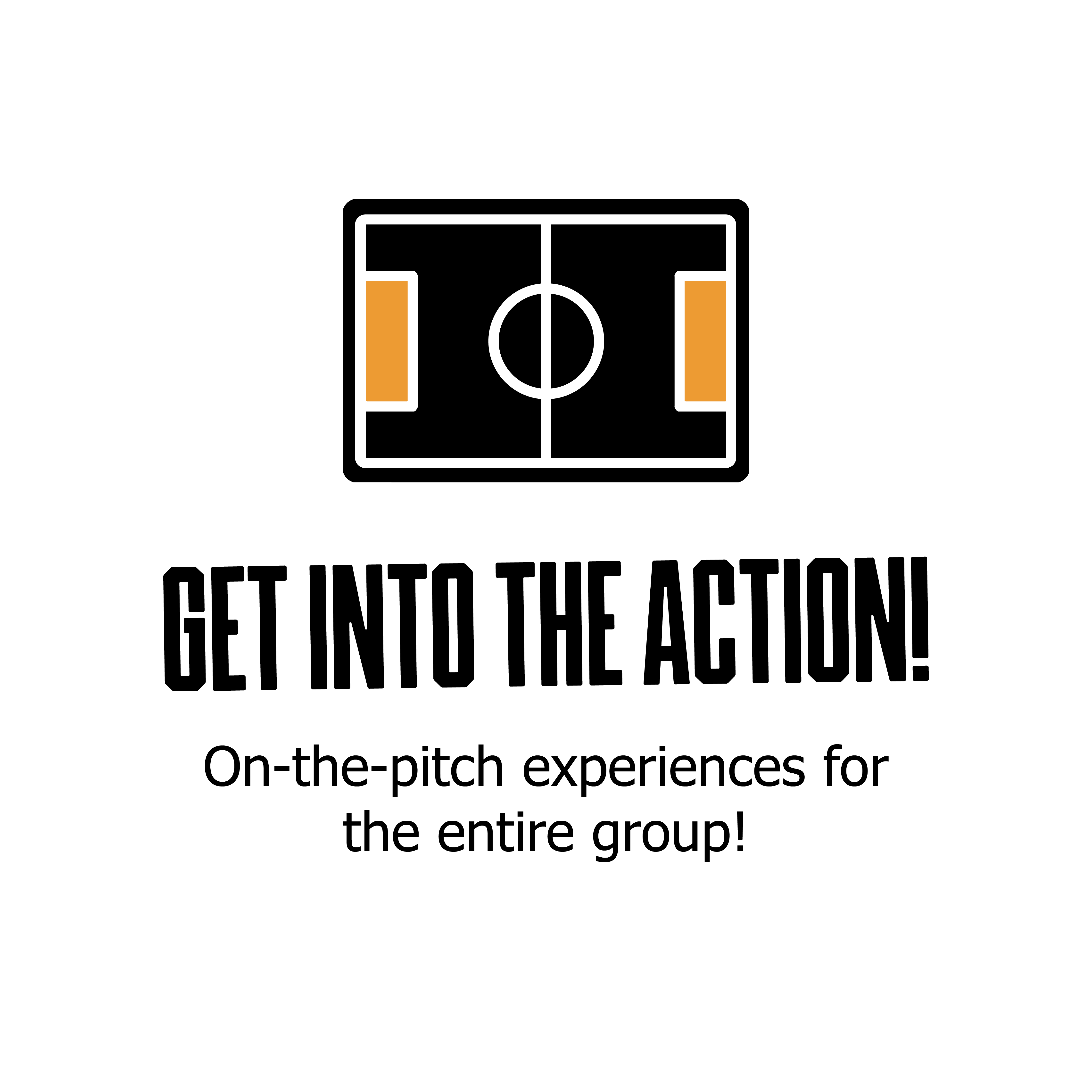 Graphic featuring a soccer field icon with orange goal areas above bold text that reads “Get Into the Action!” Promotes Fort Wayne FC group experiences that let fans enjoy on-the-pitch activities and be part of the match-day excitement.