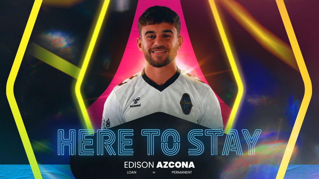 Headshot of Edison Azcona smiling in a Las Vegas Lights away jersey. Copy reads "Here to Stay. Edison Azcona. Loan to Permanent" 