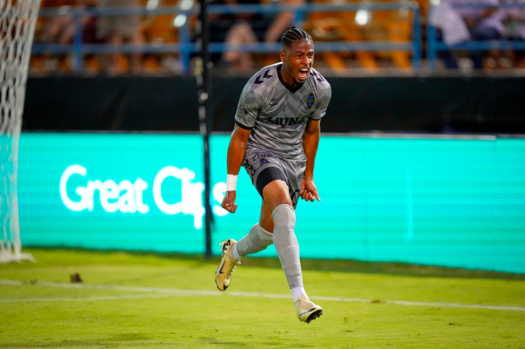 Las Vegas Lights FC forward Khori Bennett celebrating a goal