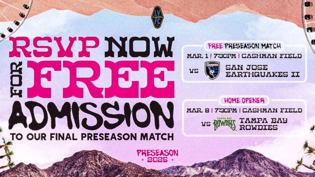 RSVP Now for Free Preseason Friendly at Cashman Field on March 1st. Image notifying fans about free admission to the match via an RSVP form.