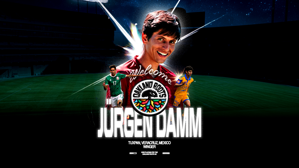 Graphic with images of Jürgen Damm, new Oakland Roots SC player.
