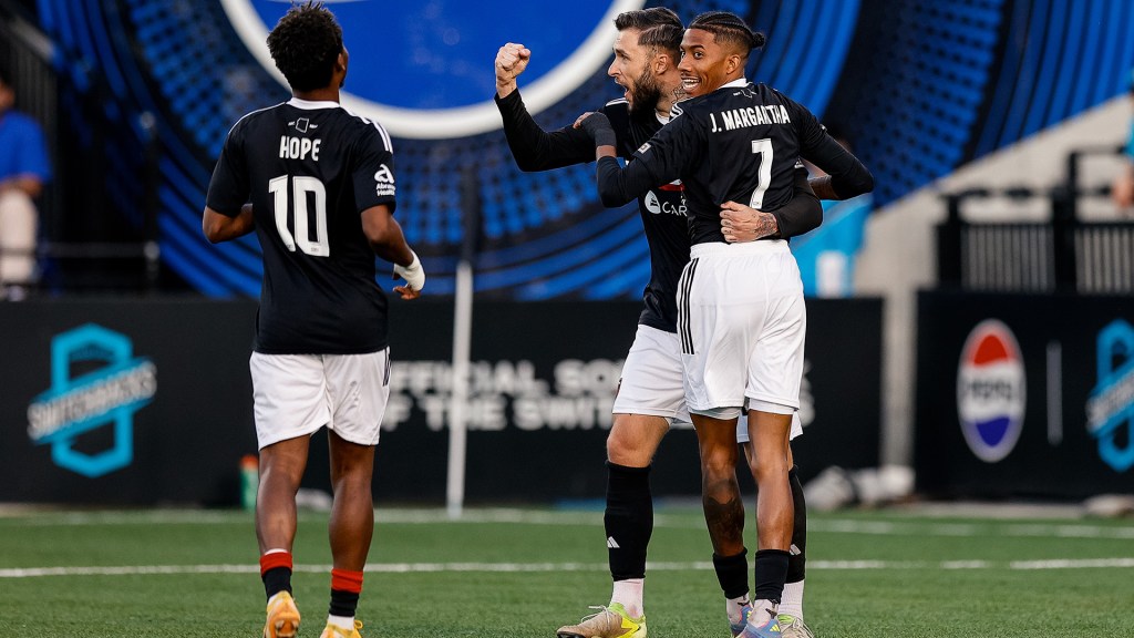 Hope Avayevu, Jearl Margaritha, and Patrick Rakovsky Celebrate Draw Against Colorado Springs at Weidner Field