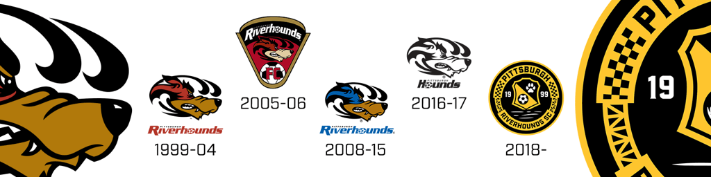 Picture of all the different logos that the Pittsburgh Riverhounds have had in club history.