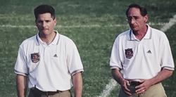 Picture of Hall of Fame Coach Dave Kasper standing next to a assistant coach while trying to lead the Pittsburgh Riverhounds to a win