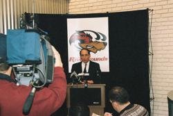 Picture of the first ever owner of the Pittsburgh Riverhounds, Paul Heasley, doing an interview in front of the media.