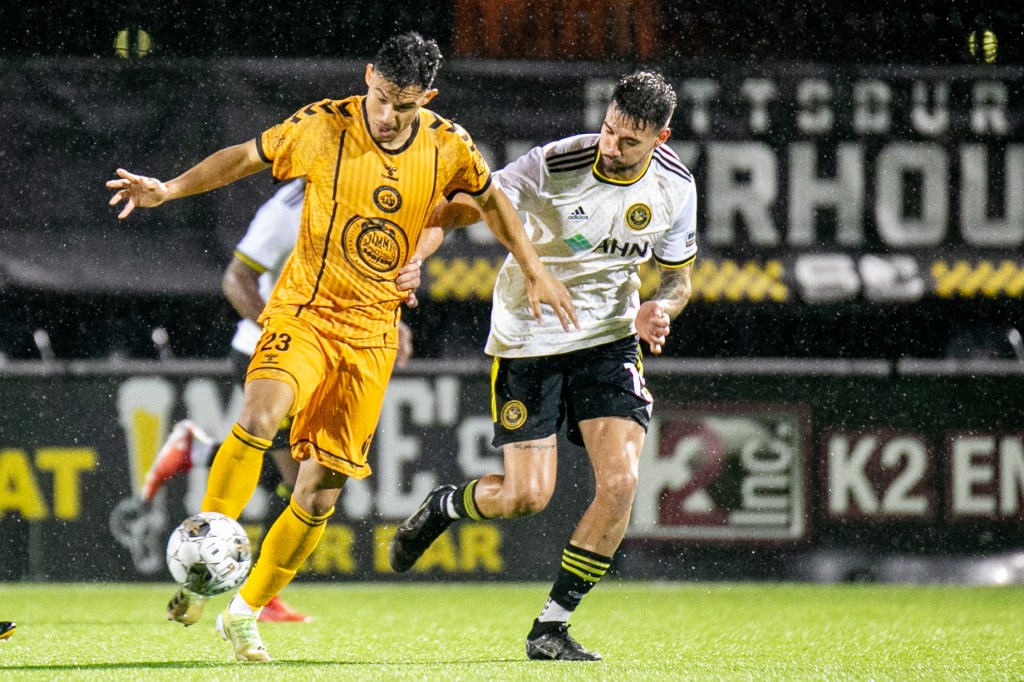 Arturo Ordóñez defends in the Riverhounds 2-0 win over Maryland Bobcats FC in the Second Round of the U.S. Open Cup on Tuesday, April 5, 2022 at Highmark Stadium.
