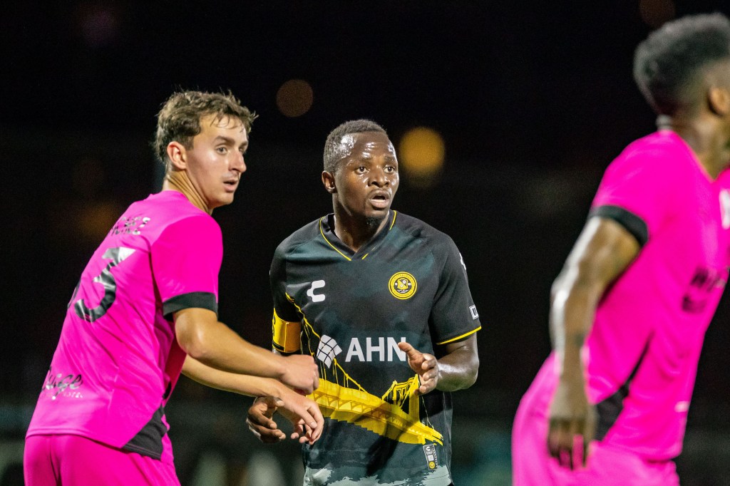 Edward Kizza is marked by Tulsa's Sebastian Sanchez before a corner kick in the teams' U.S. Open Cup Round of 32 match last Tuesday at Highmark Stadium. (Photo: Mallory Neil/Riverhounds SC)