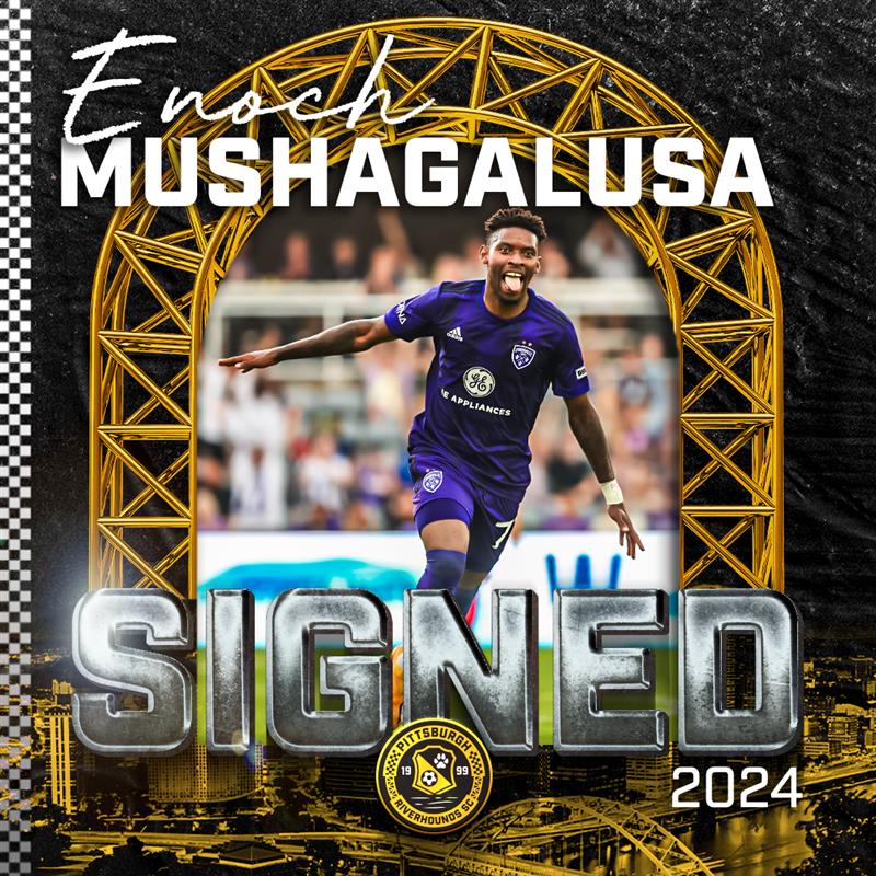 Picture of the Pittsburgh Riverhounds newest addition Enoch Mushagalusa celebrating on the field. 
