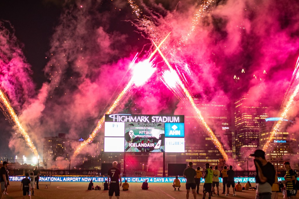 Fans enjoy poing the post-match fireworks after the Riverhounds' match against Louisville City FC on June 19, 2024 at Highmark Stadium.