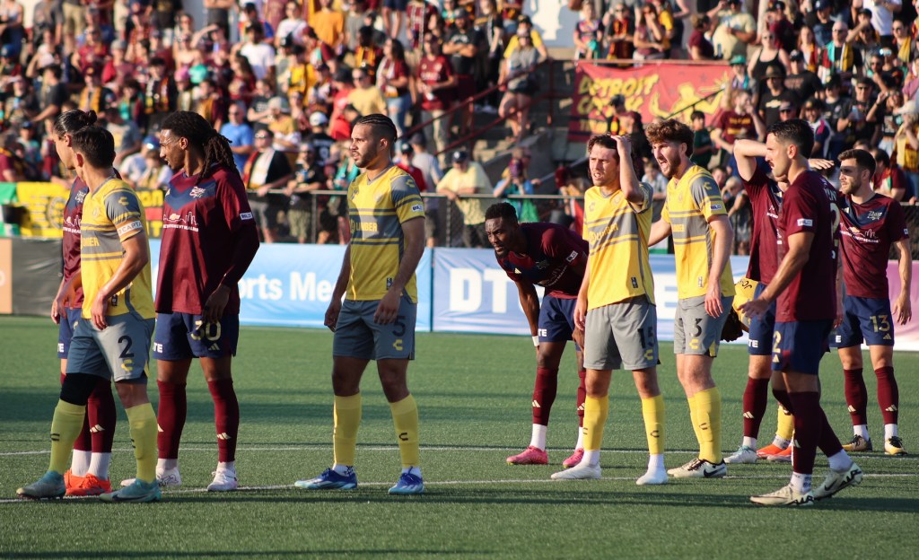 Hounds players line up to defend a first-half free kick in their 0-0 draw with Detroit City FC on Aug. 7, 2024 at Keyworth Stadium in Hamtramck, Mich. (Photo: Matt Grubba/Riverhounds SC)