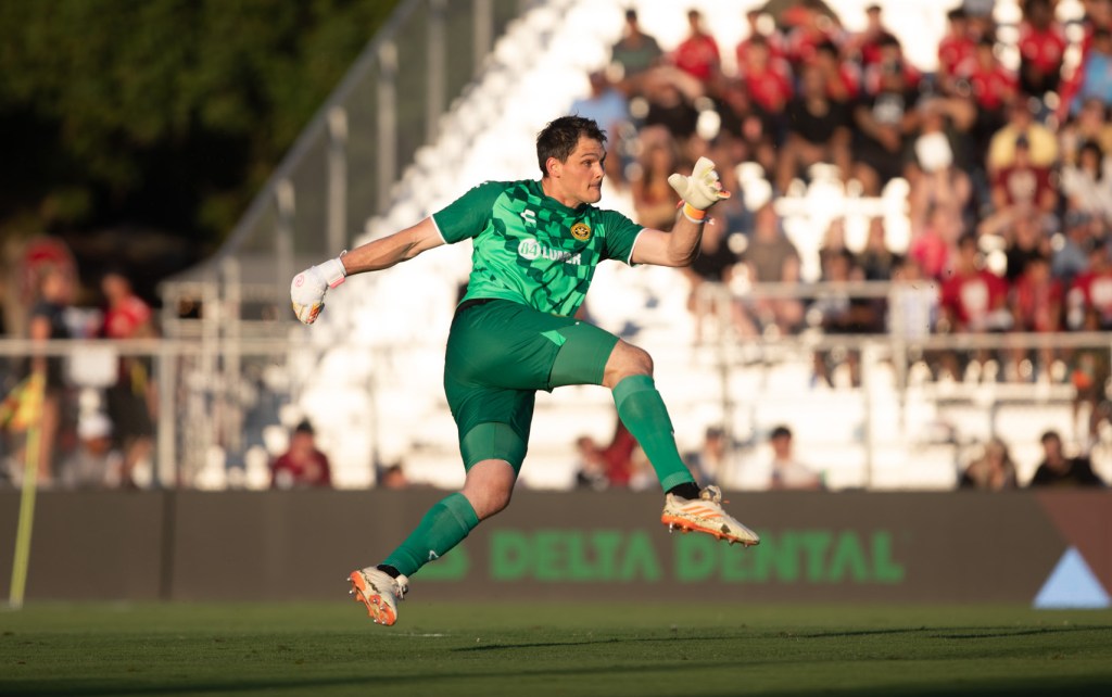 Goalie Eric Dick clears the ball for the Pittsburgh Riverhounds win over Sacramento Republic FC at Heart Health Park in Sacramento.