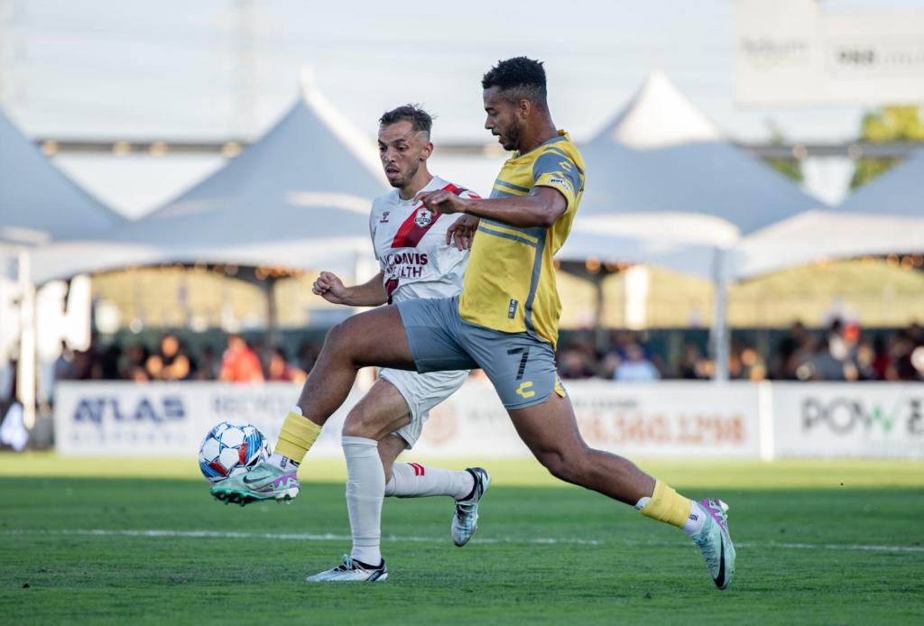 Riverhounds wing back Langston Blackstock dribbles the ball in the Hounds' 1-0 win over Sacramento Republic FC on Aug. 3, 2024, at Heart Health Park in Sacramento, Calif. (Photo: Sacramento Republic FC)