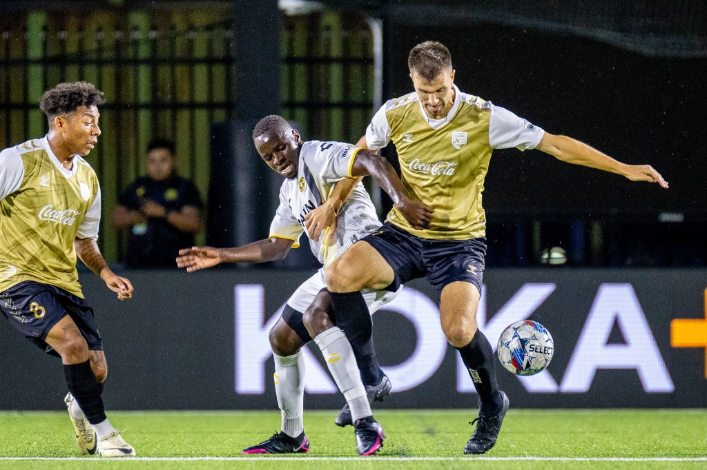 Edward Kizza battles Birmingham Legion defender Alex Crognale in the Riverhounds' 1-1 draw on Sept. 28, 2024 at Highmark Stadium. (Photo: Chris Cowger/Riverhounds SC)