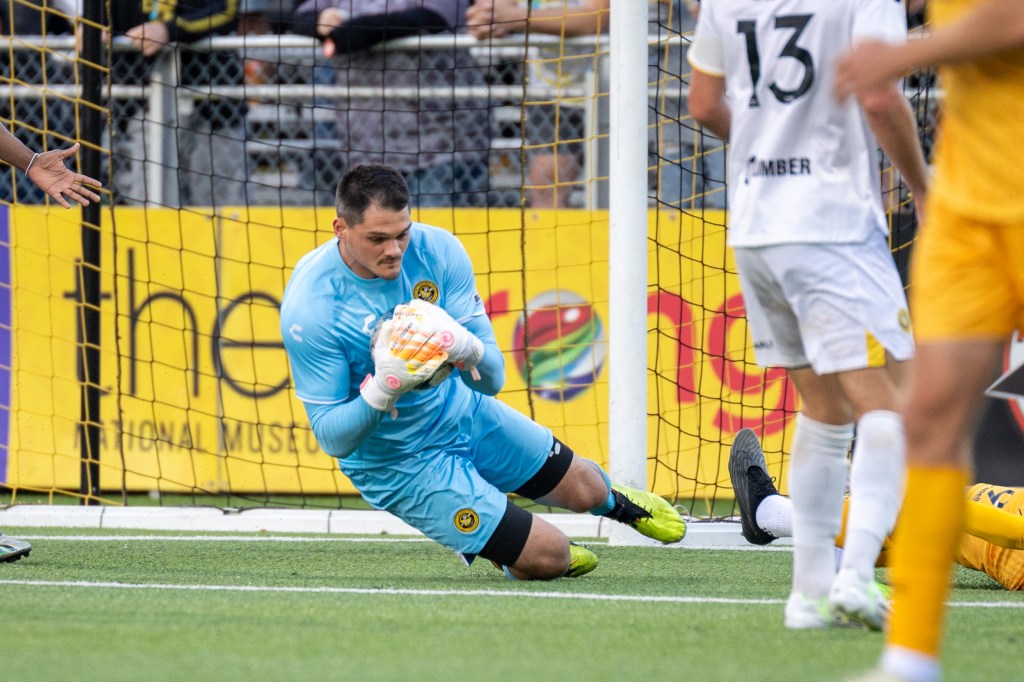 Eric Dick was sure-handed for the Hounds in 2024, winning the USL Championship Golden Glove and setting a team record with 14 shutouts in a single season. (Photo: Chris Cowger/Riverhounds SC)