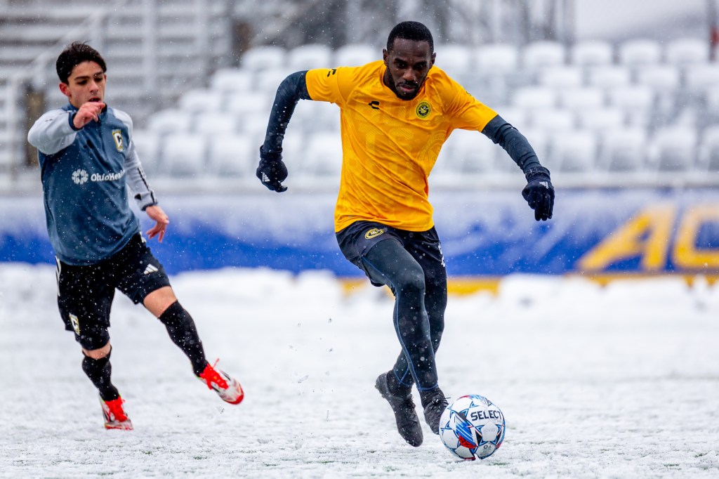 Junior Etou dribbles toward goal in the Riverhounds' 1-0 preseason win over Columbus Crew 2 on Feb. 16, 2025, at Highmark Stadium. (Photo: Chris Cowger/Riverhounds SC)