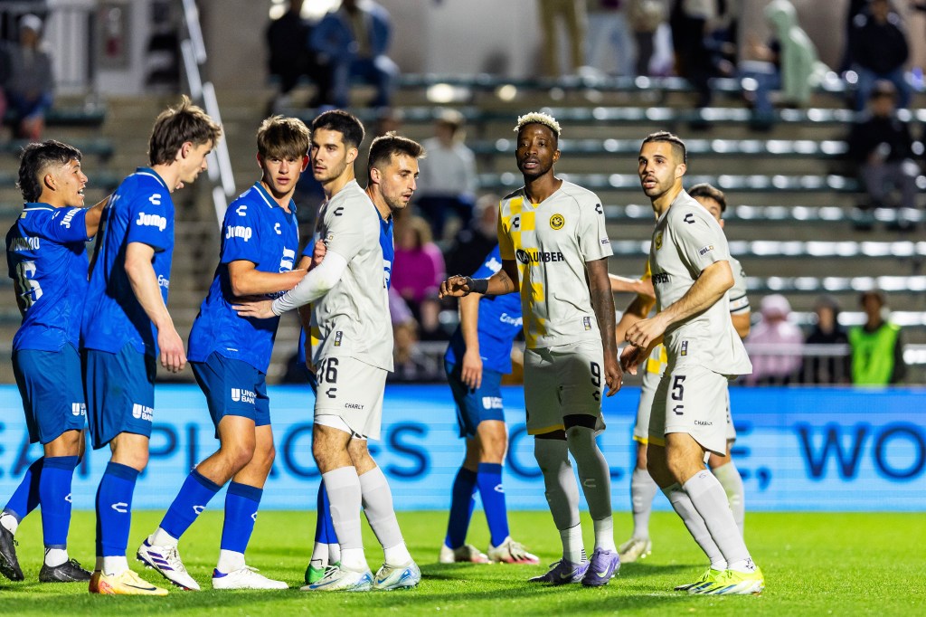 Riverhounds players (from left) Beto Ydrach, Augi Williams and Sean Suber prepare for a corner kick in the team's 1-1 draw at North Carolina FC on March 8, 2025 at WakeMed Soccer Park in Cary, N.C. (Photo: Mallory Neil/Riverhounds SC)