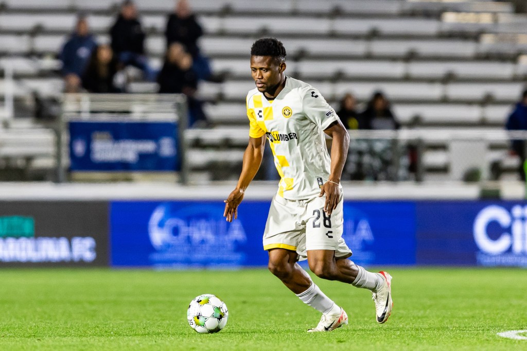 Riverhounds defender Illal Osumanu dribbles the ball in the team's 1-1 draw at North Carolina FC on May 8, 2025 at WakeMed Soccer Park in Cary, N.C. (Photo: Mallory Neil/Riverhounds SC)
