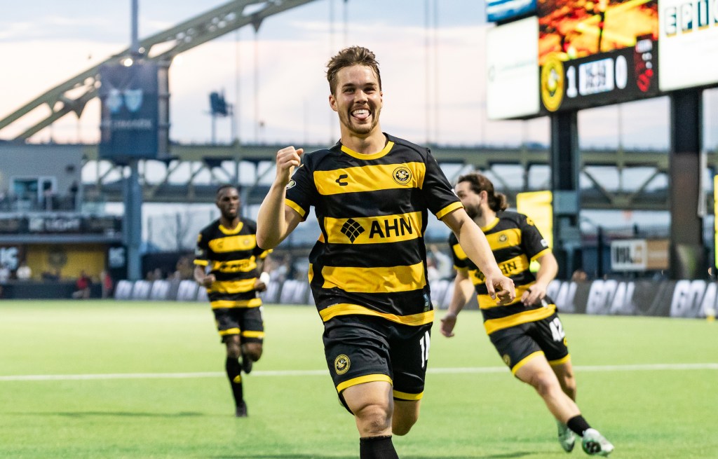 Robbie Mertz celebrates scoring the opening goal in the Riverhounds' 2-0 win over Birmingham Legion FC on March 29, 2025 at Highmark Stadium. (Photo: Mallory Neil/Riverhounds SC)
