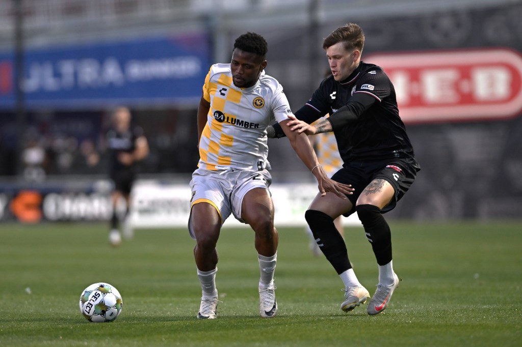 Illal Osumanu shields San Antonio FC's Jake LaCava off the ball in the Riverhounds' 2-0 loss on March 15, 2025, at Toyota Field in San Antonio, Texas. (Photo: Darren Abate/USL Championship)