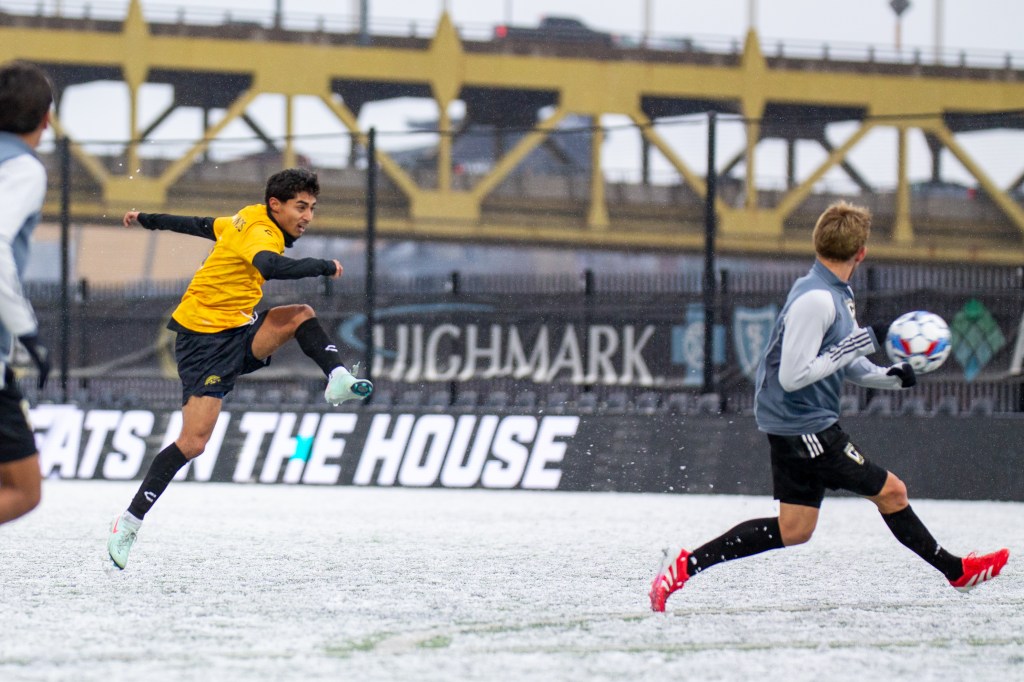 Jorge Garcia scores the only goal of the Riverhounds' 1-0 preseason win over Columbus Crew 2 on Feb. 16, 2025 at Highmark Stadium. (Photo: Chris Cowger/Riverhounds SC)