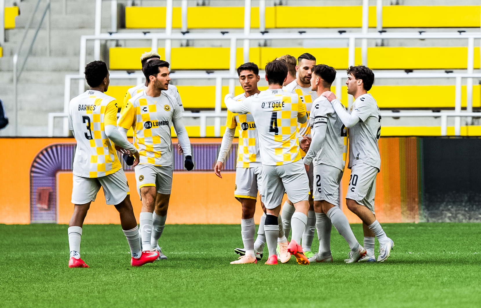 Riverhounds players celebrate the goal by Danny Griffin in the team's 1-0 win over Columbus Crew 2 in the Third Round of the U.S. Open Cup on April 15, 2025 at Lower.com Field in Columbus, Ohio. (Photo: Saif Greco/Riverhounds SC)