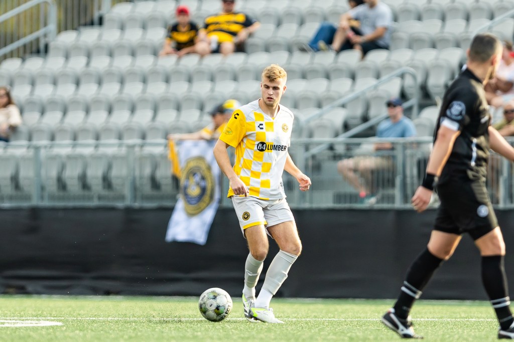 Riverhounds defender Max Broughton steadies the ball during the team's match at Loudoun United FC on April 19, 2025, at Segra Field in Leesburg, Va. (Photo: Mallory Neil/Riverhounds SC)