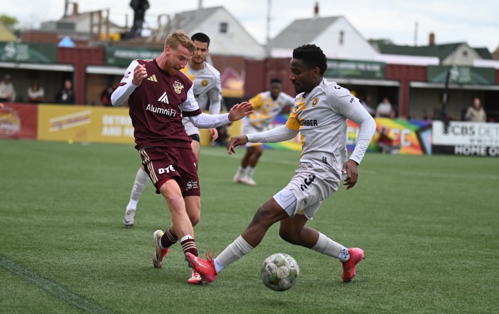 Riverhounds defender Perrin Barnes breaks up a pass by Detroit City FC's Connor Rutz in the teams' USL Jägermeister Cup match April 26, 2025, at Keyworth Stadium in Hamtramck, Mich. (Photo courtesy of Detroit City FC)