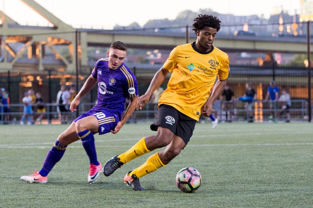 Mike Green in a match for the Pittsburgh Riverhounds against Orlando City B during the 2017 season. (Photo: Chris Cowger/Riverhounds SC)