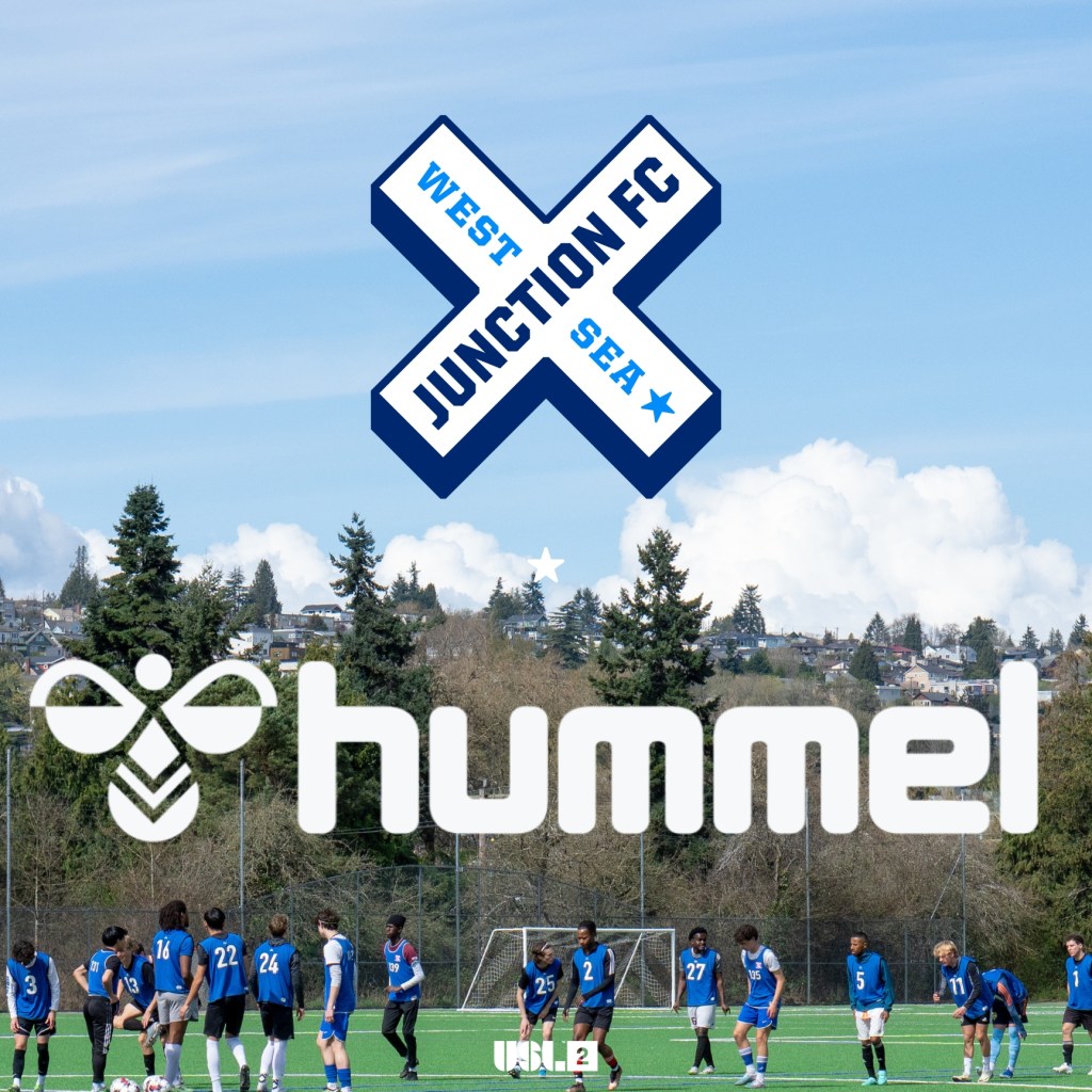 West Seattle Junction FC Logo and Hummel Logo with a photo of soccer players in the background